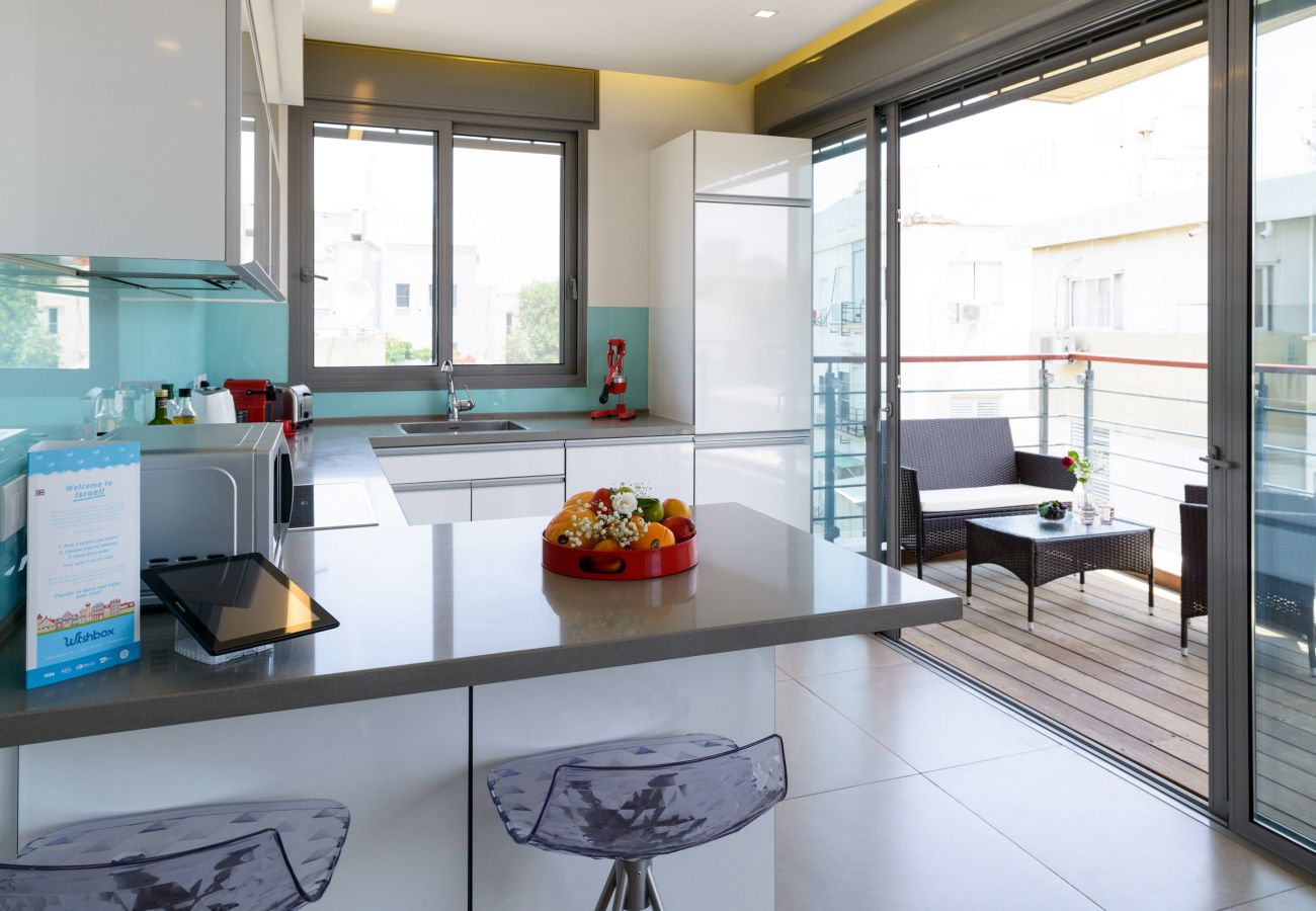 Gorgeous kitchen at the apartment in Tel Aviv, Israel  Luminous kitchen with entrance to the terrace on Ben Yehuda st,